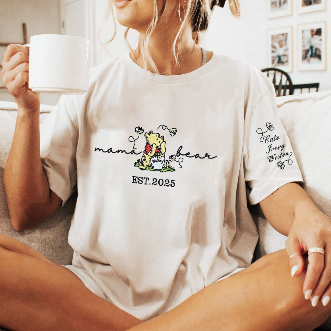 Personalized Embroidered Mama Bear Shirt With Kids Names Sleeve