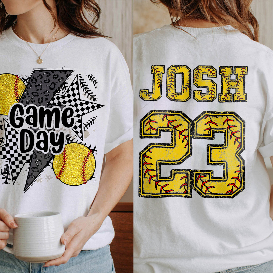 Personalized Game Day Softball Mama Checkered Pattern Cheer Shirt