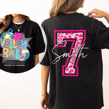 Personalized Volleyball Mama Pink Leopard Checkered Pattern Cheer Shirt