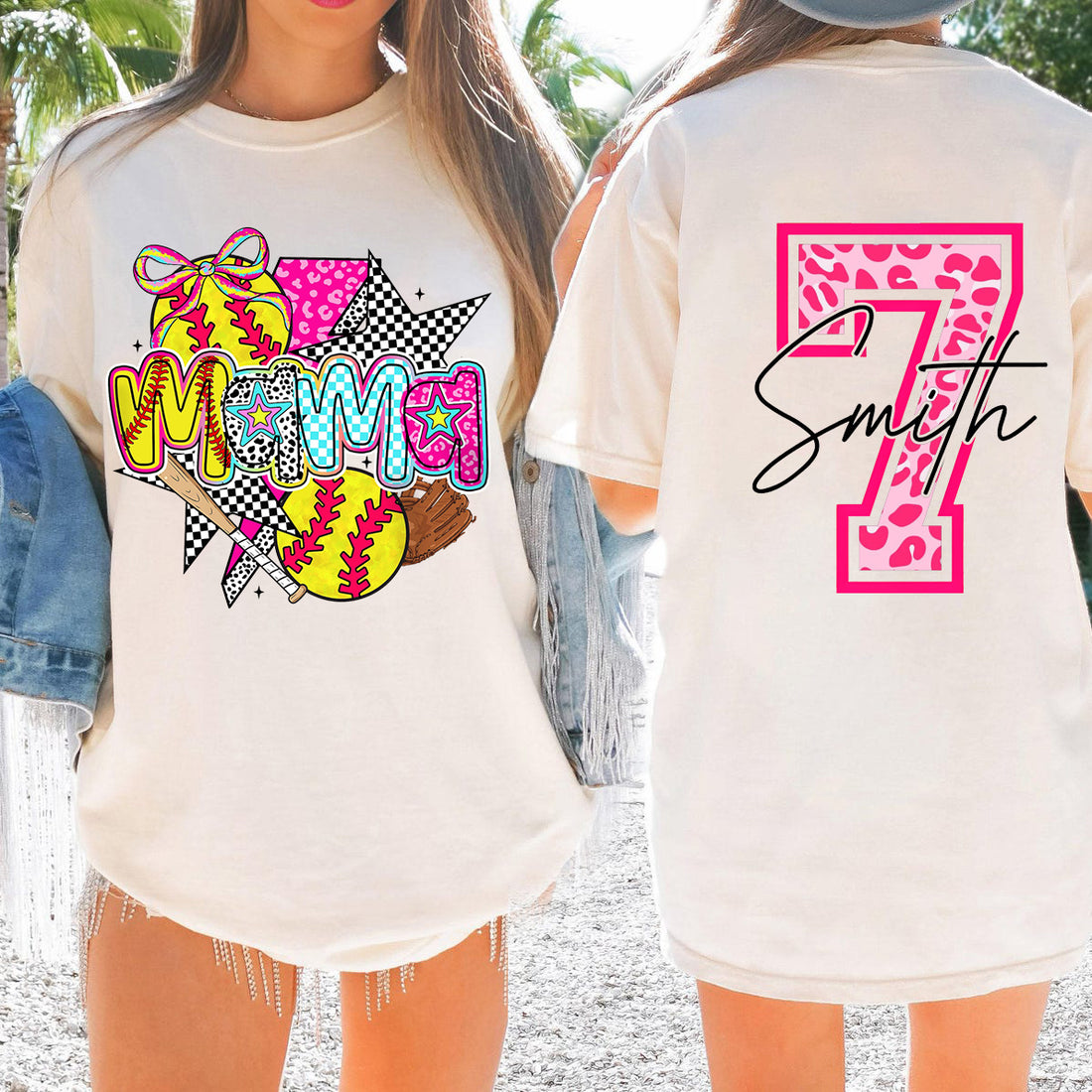 Personalized Softball Mama Pink Leopard Checkered Pattern Cheer Shirt🔥Hot Sale!