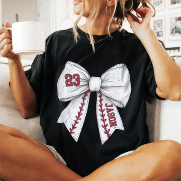 Custom Baseball Bow Shirt - Baseball Mom Shirt With Kids Name & Jersey Number