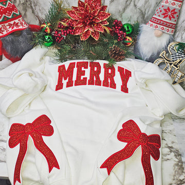 Embroidered Merry Glitter Christmas Bow Embellished Sweatshirt – Custom Side Bow Cut-Out Sweatshirt
