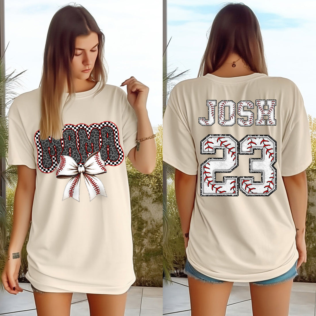 Personalized Two Side Mama Baseball Bow Shirt