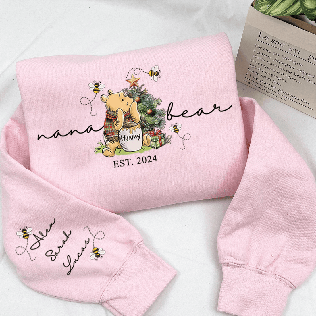Personalized Mama Bear Grandma Bear with Xmas Tree - Customized Kids' Name On Sleeve