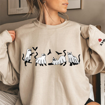 Spooky Season Embroidered Ghost Black Cats Halloween Sweatshirt
