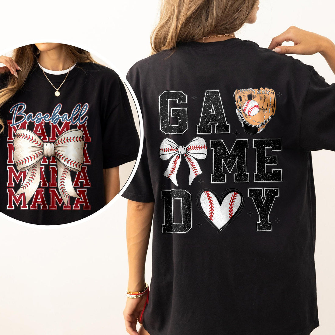 Personalized Baseball Mama Glitter Cheer Shirt - Two-Sided Design
