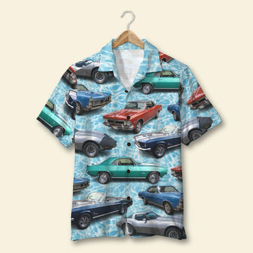 Custom Classic Car Photo Water Pattern Hawaiian Shirt - Summer Gift
