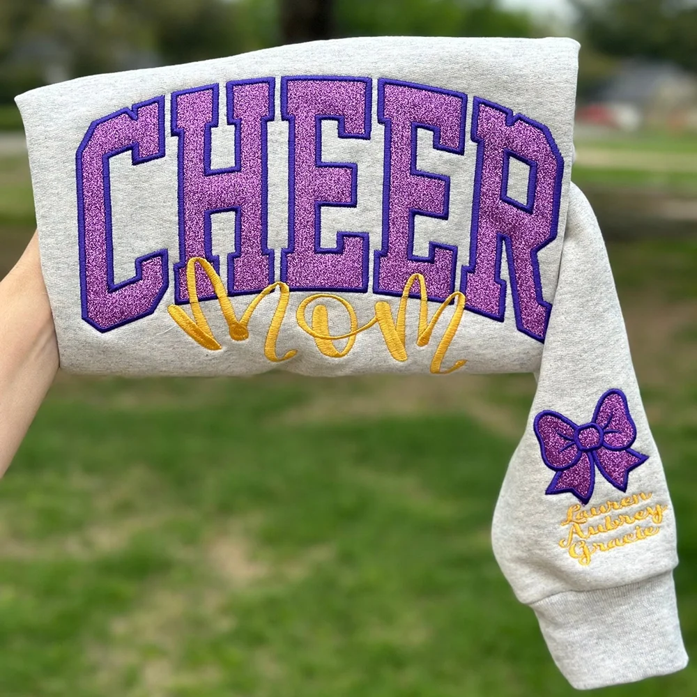 Embroidered Glitter Cheer Mom Sweatshirt - With Kids Names On The Sleeve