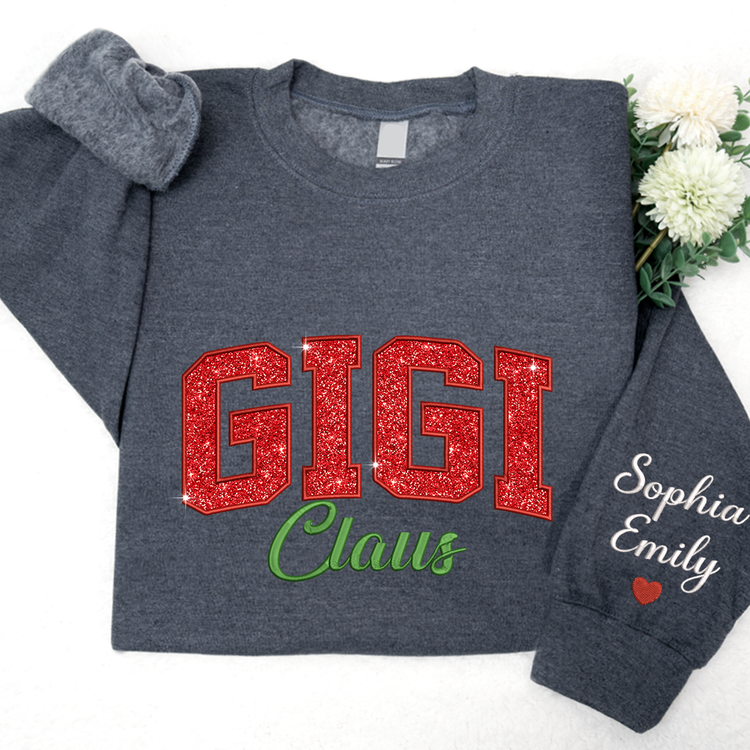Personalized Gigi Claus Glitter Embroidered Sweatshirt