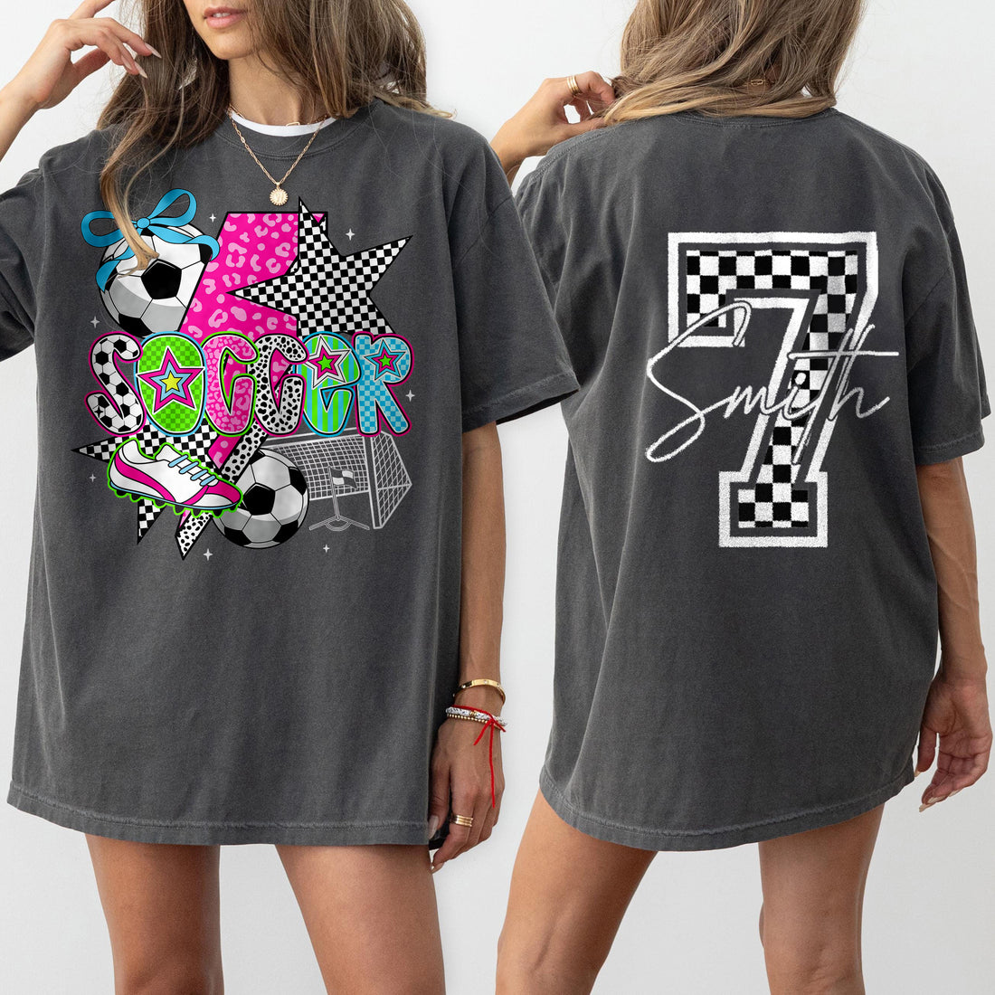 Personalized Soccer Mama Pink Leopard Checkered Pattern Cheer Shirt