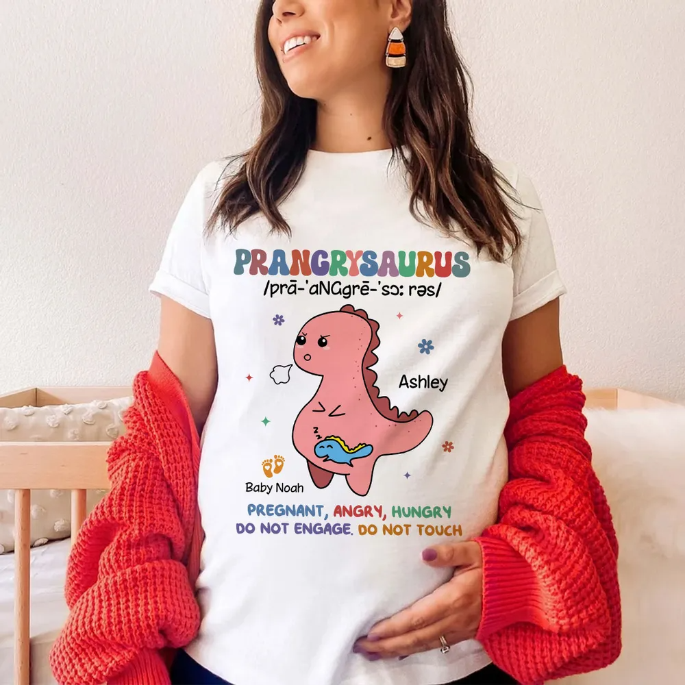Prangrysaurus Retro Style Personalized Pregnancy Reveal Shirt - Mother's Day