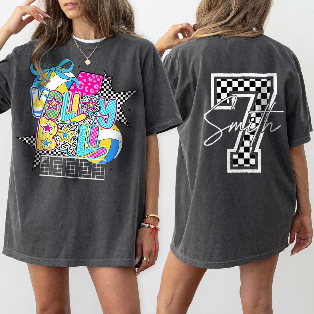 Personalized Volleyball Mama Pink Leopard Checkered Pattern Cheer Shirt