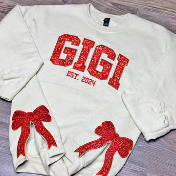 Custom Glitter Gigi Est Xmas Bow Embroidered Sweatshirt