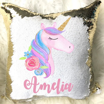 Unicorn Pony Personalized Name Reversible Magic Sequins Flip Pillow Cover - Custom Birthday Gift For Girls