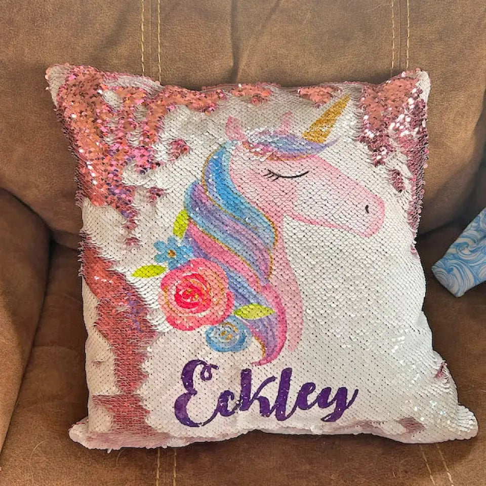 Unicorn Pony Personalized Name Reversible Magic Sequins Flip Pillow Cover -  Custom Birthday Gift For Girls
