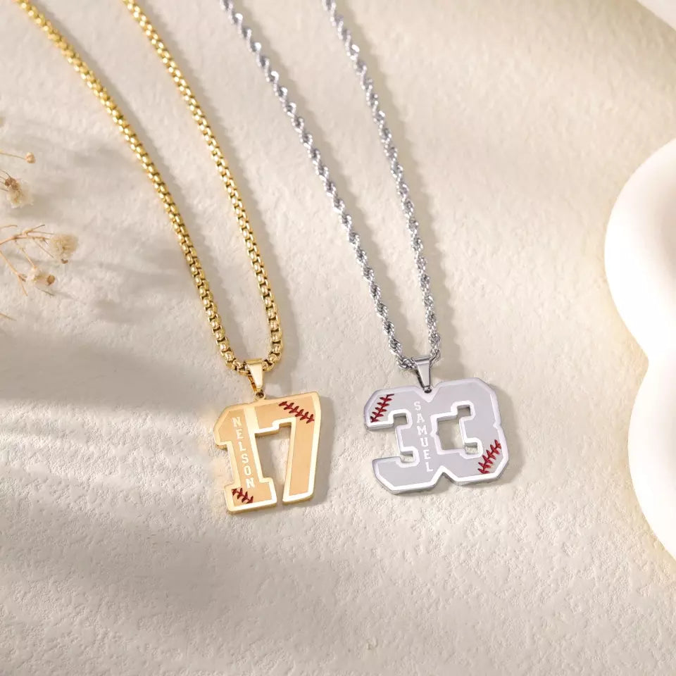 Customized Engraved Sport Number Necklace with Name - Personalized Baseball Necklace Lucky Pendant