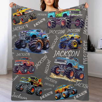 Custom Monster Truck Name Blanket - Gift for Truck Lover Toddler Grandkids