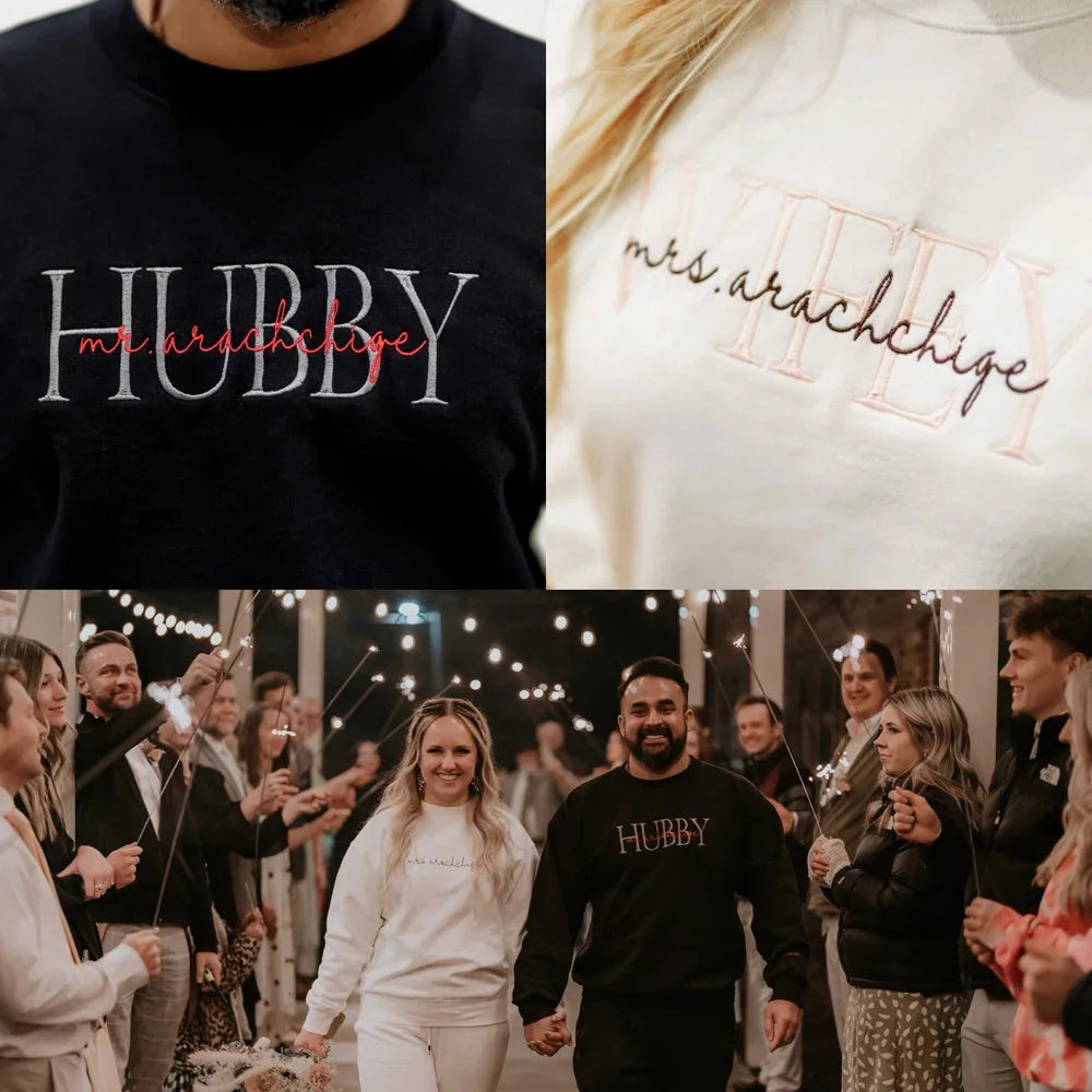 Personalized Wifey Hubby Embroidered Sweatshirt With Date On Sleeve