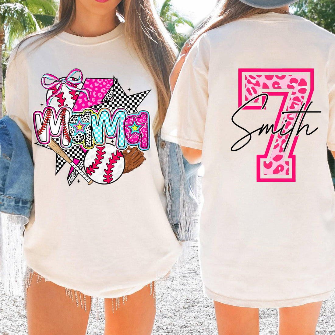 Personalized Baseball Mama Pink Leopard Checkered Pattern Cheer Shirt