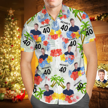 Custom Birthday Face Hawaiian Shirt - Red Flower and Palm Tree Hawaiian Shirt