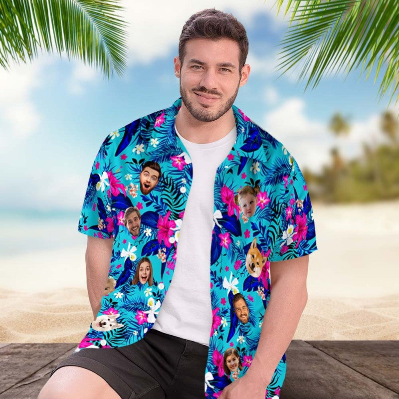 Blue Green Tropical Custom Face Photo Fun Hawaiian Shirt