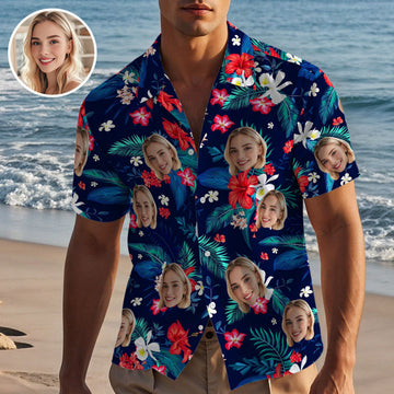 Personalized Summer Floral Red And White Flower Hawaiian Shirt with Face