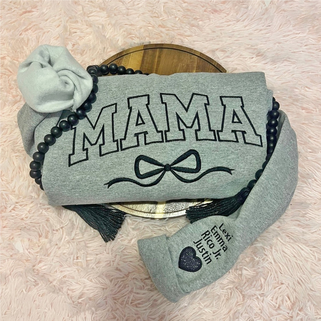 Personalized Mom Bow Embroidered T-Shirt/Sweatshirt - Glitter Sleeve Designs