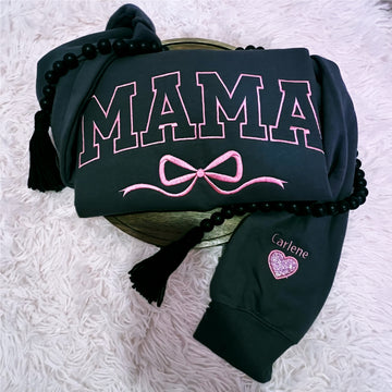 Personalized Mom Bow Embroidered T-Shirt/Sweatshirt - Glitter Sleeve Designs