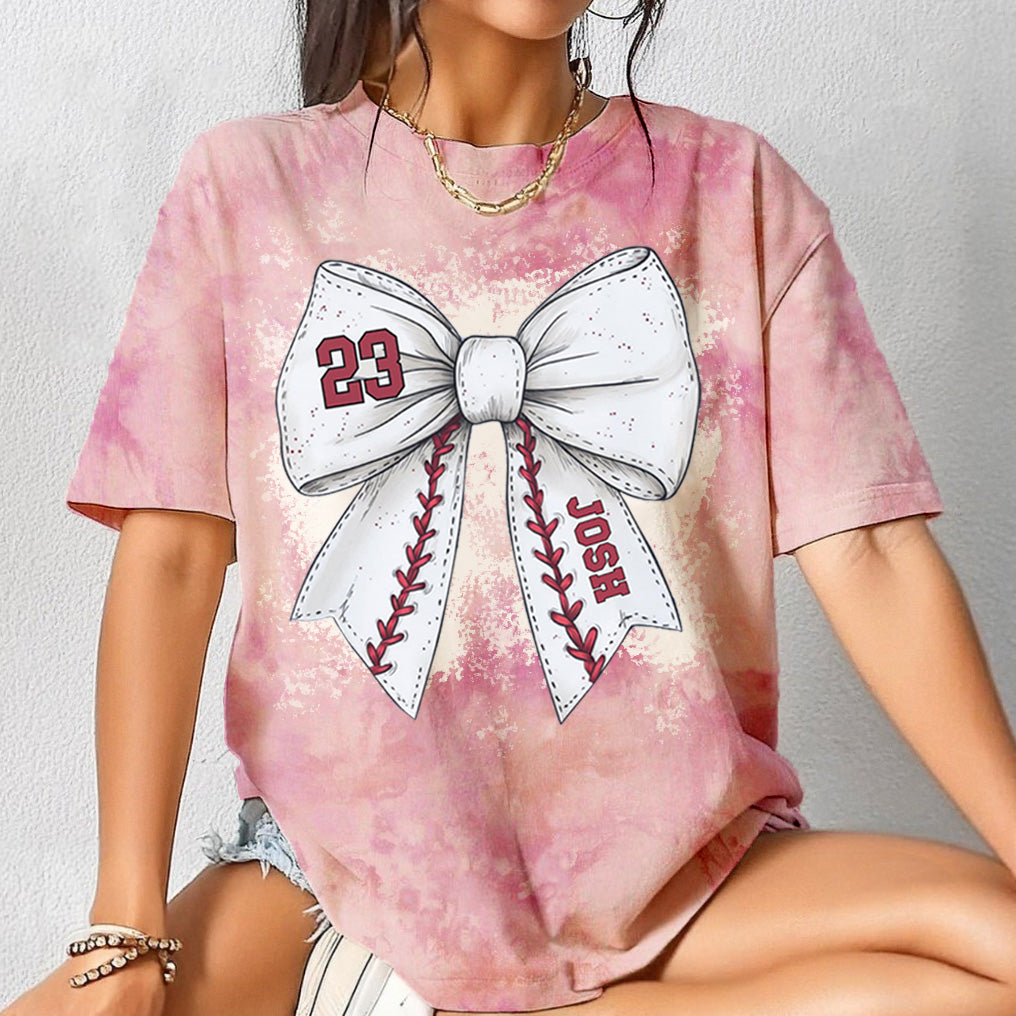 Personalized Baseball Bow Watercolor Tie-Dye T-Shirt