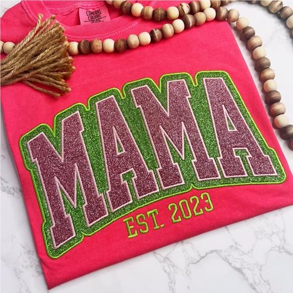 Personalized Two Color Glitter Embroidered Mom T-Shirt