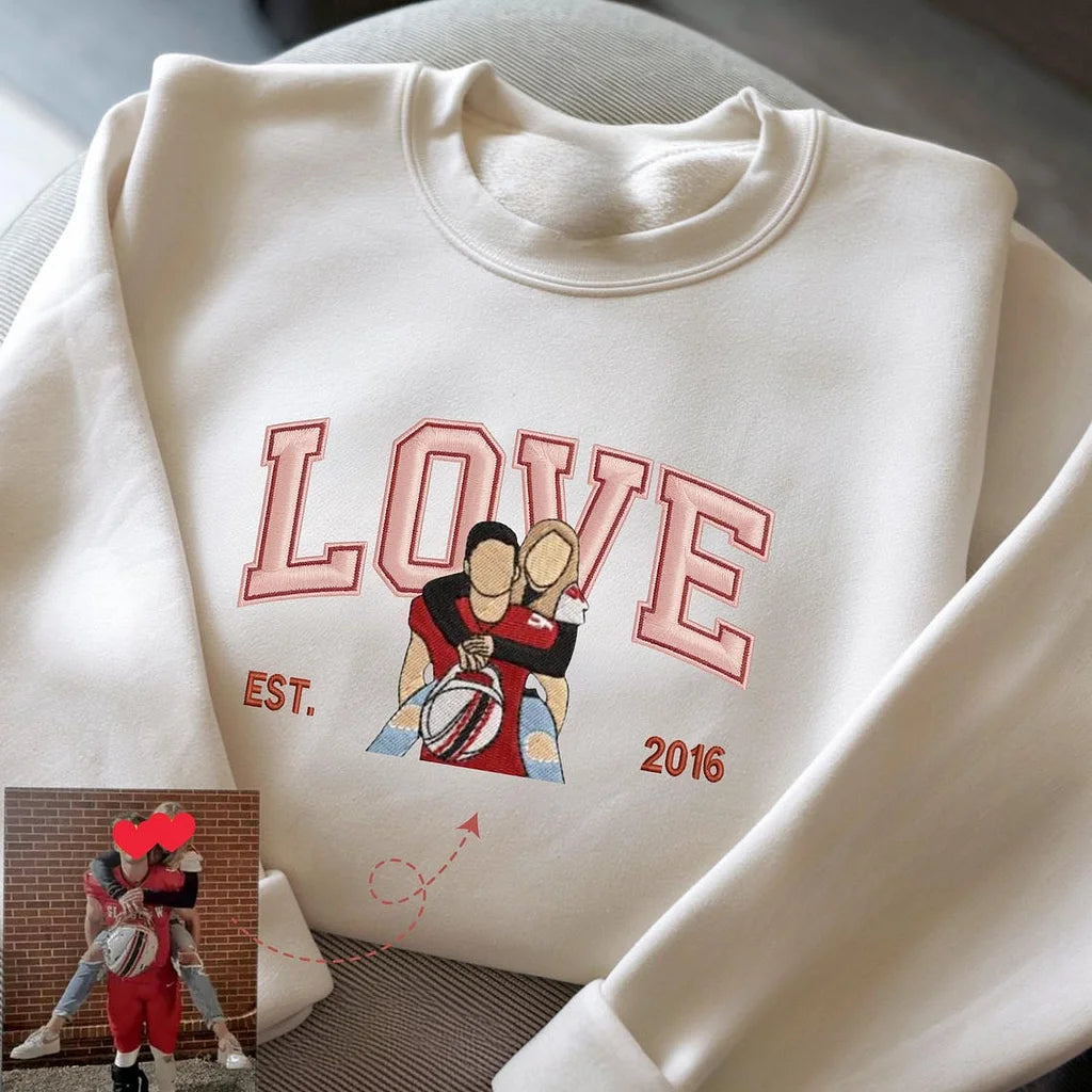 Embroidered Couple Photo Hoodie | Personalized His And Her Sweatshirt | Anniversary Gift For Couples