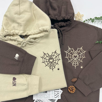 Embroidered Spiderweb Heart Matching Couple Hoodie - Gift for Him Her