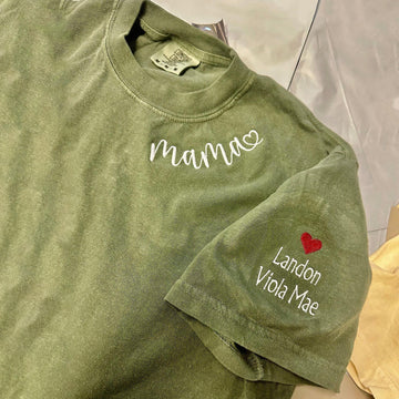 Personalized Embroidered Collar Mama Tshirt - Kids Names On Sleeve