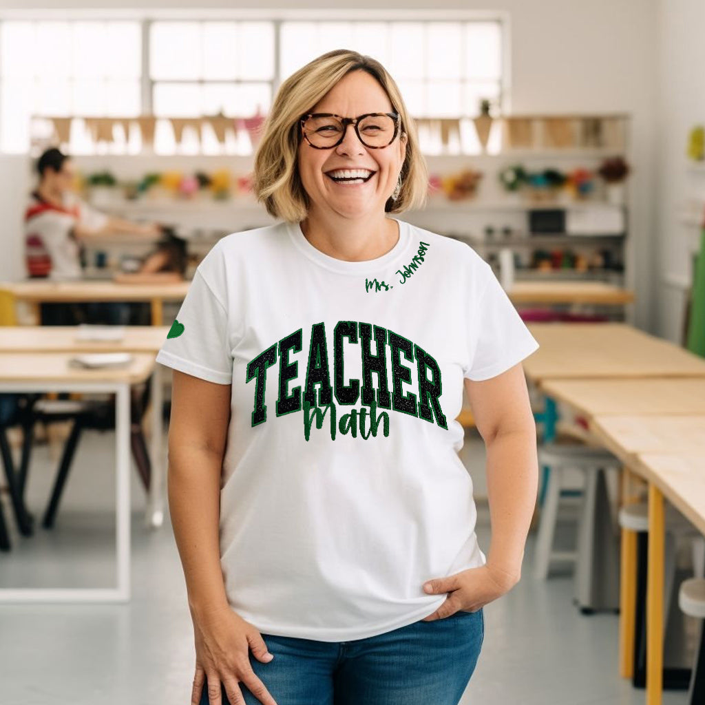 Personalized Teacher Embroidered Glitter Applique T-Shirt