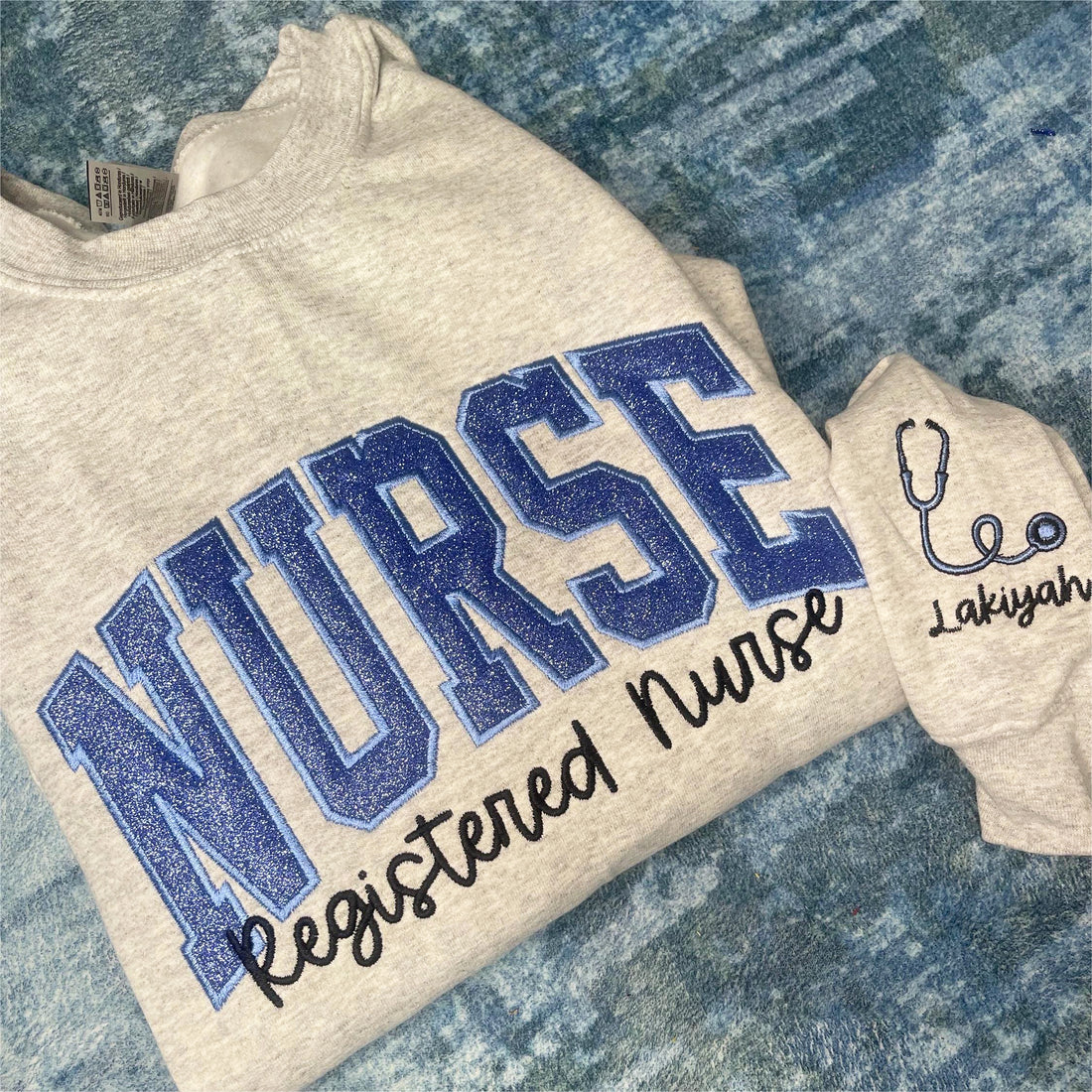 Personalized Nurse Glitter Applique Embroidered Shirt with Name/Stethoscope on Sleeve