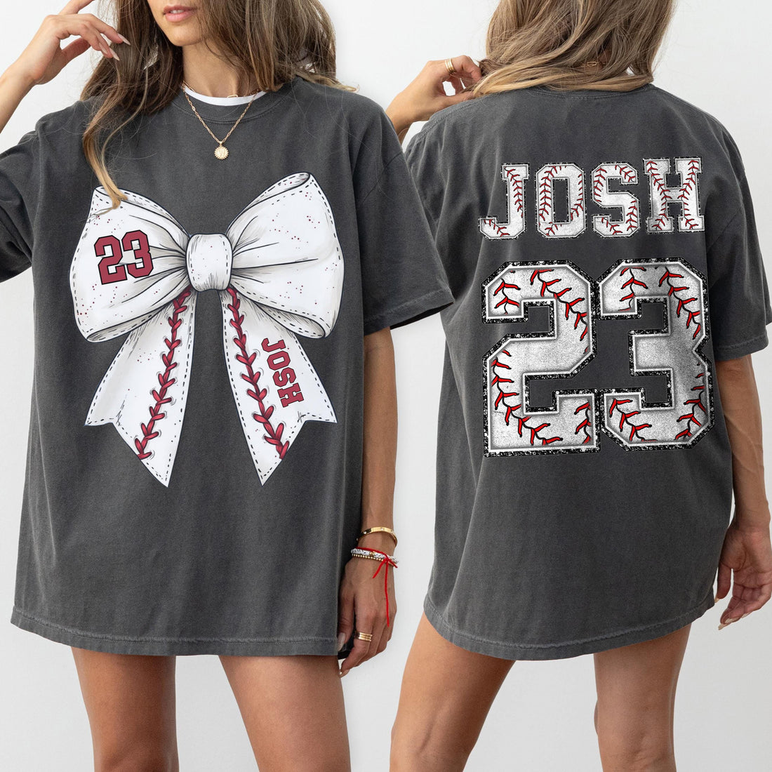 Custom Front Back Design Baseball Bow Mom Cheer T-Shirt