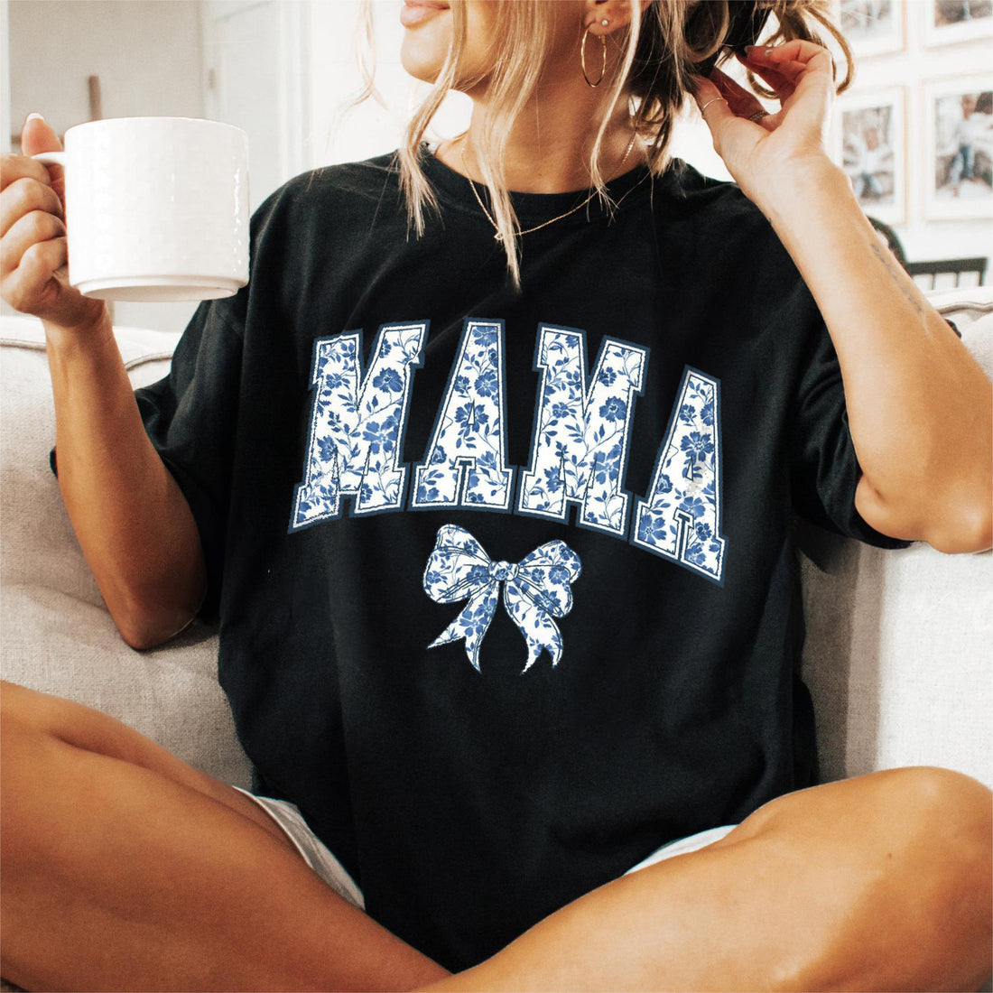 Personalized Blue Floral Mama Shirt