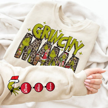 Custom Grinchy Mama Leopard Xmas Sweatshirt With Kids Names On Sleeve