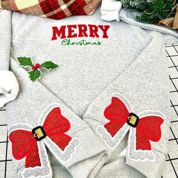 Personalized Merry Christmas Santa Clause Bow Side Sweatshirt
