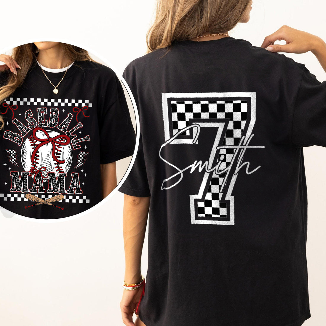 Personalized Retro Checkered Baseball Mama Two Side Design Shirt