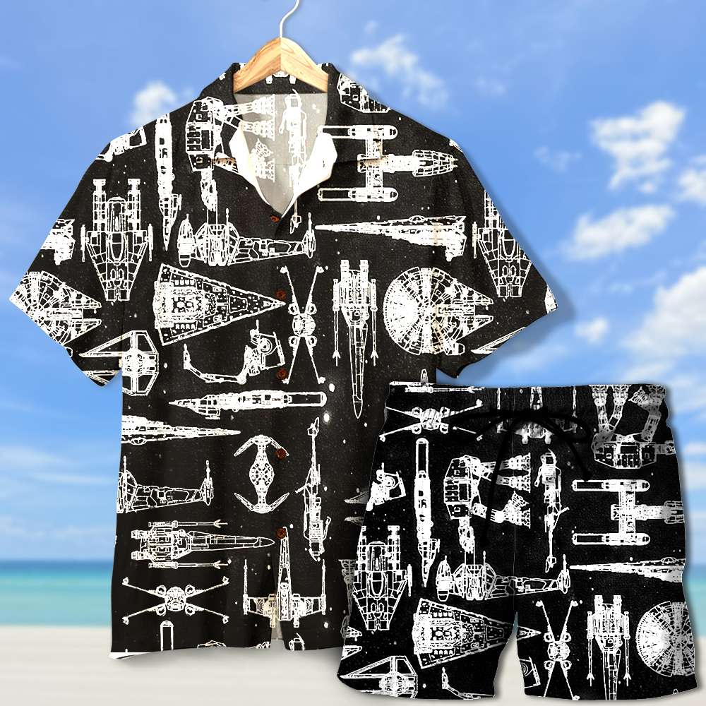 Hawaiian Shirt & Men's Beach Shorts -  Spaceship Pattern