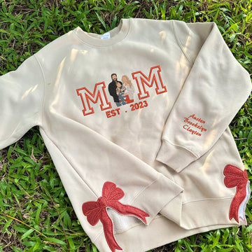 Personalized Embroidered Family Photo With Glitter Bow Hoodie Sweatshirt T-Shirt