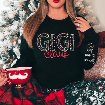 Personalized Gigi Claus Christmas Lights With Grandkids Name - Christmas Sweatshirt