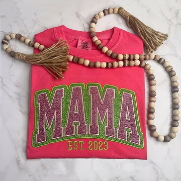 Personalized Two Color Glitter Embroidered Mom T-Shirt