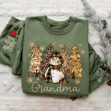 Custom Grandma Christmas snowman Sweatshirt - With Grandkids Name On Sleeve
