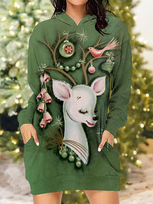 Women's Deer Print Hooded Pocket Dress
