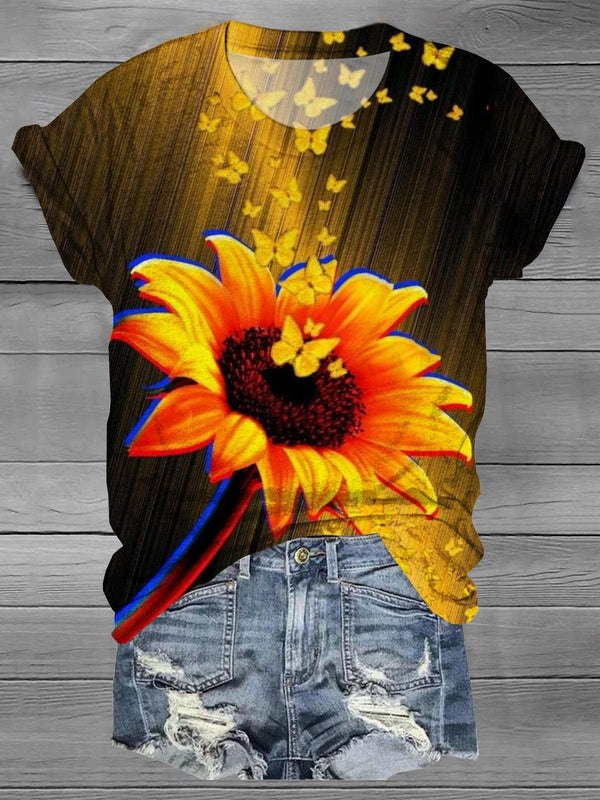 Sunflower Butterfly Gradient Crew Neck T-shirt