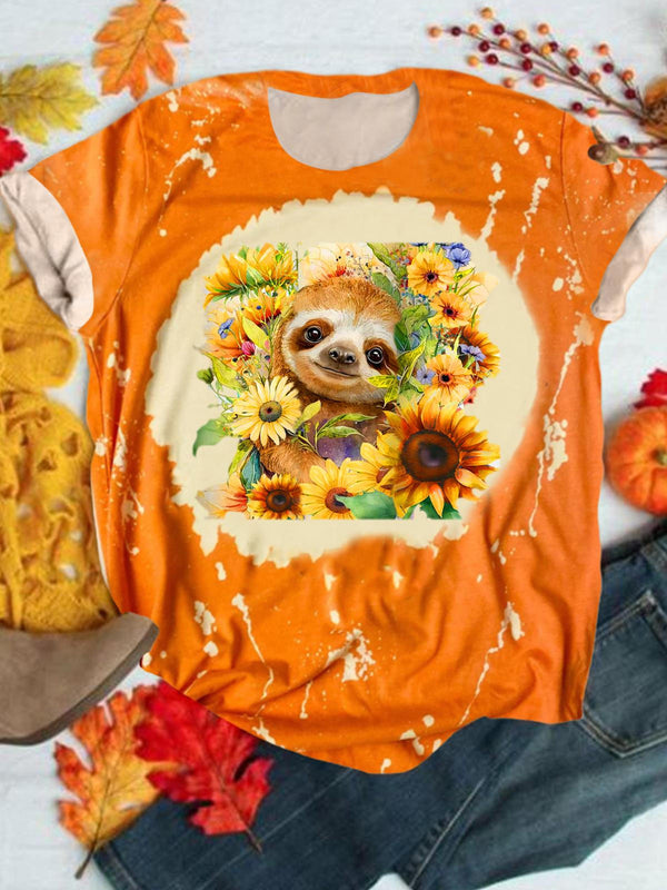 Women's Round Neck Animal Sunflower Print T-Shirt