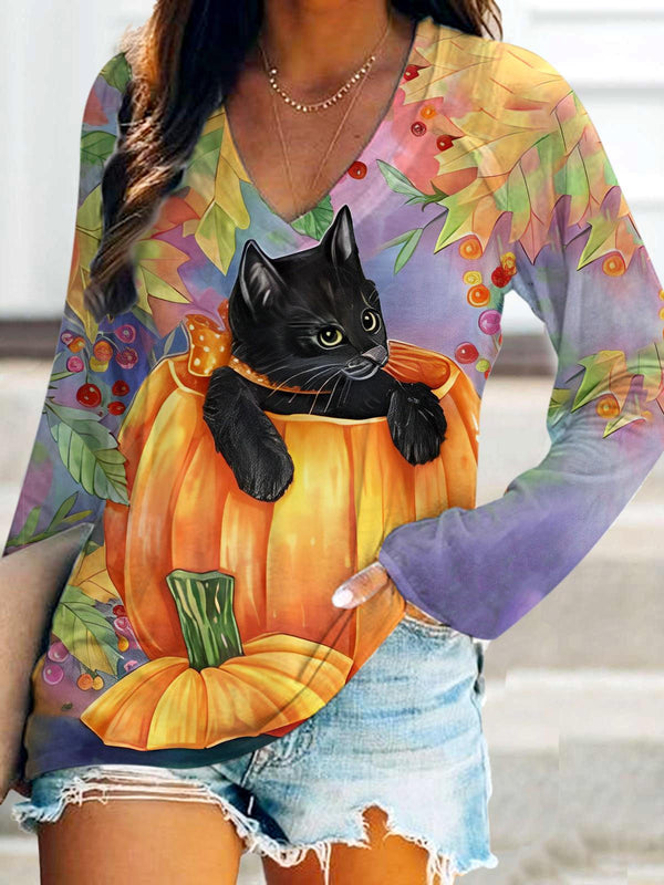 Women's Cat Pumpkin V-Neck Long Sleeve T-Shirt
