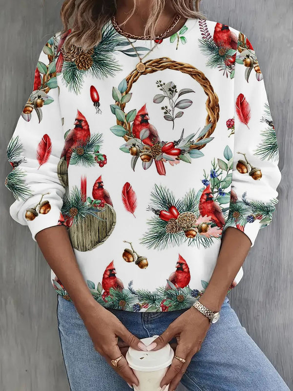 Women's Christmas Red Bird Print Long Sleeve Top